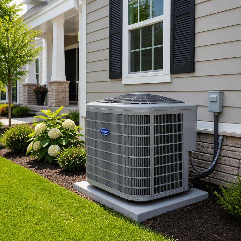 Modern central air conditioning unit outside a house